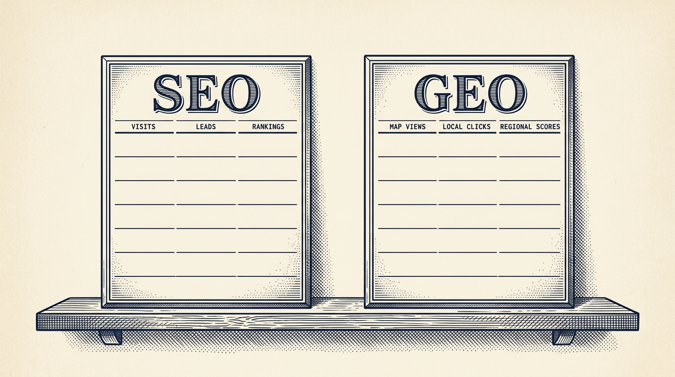 SEO scoreboard and GEO scoreboard side by side