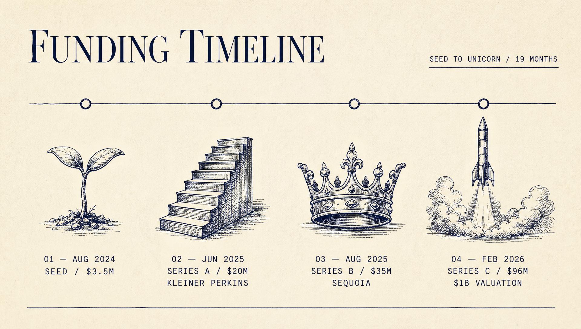 Profound funding timeline from $3.5M seed in August 2024 to $96M Series C at a $1B valuation in February 2026