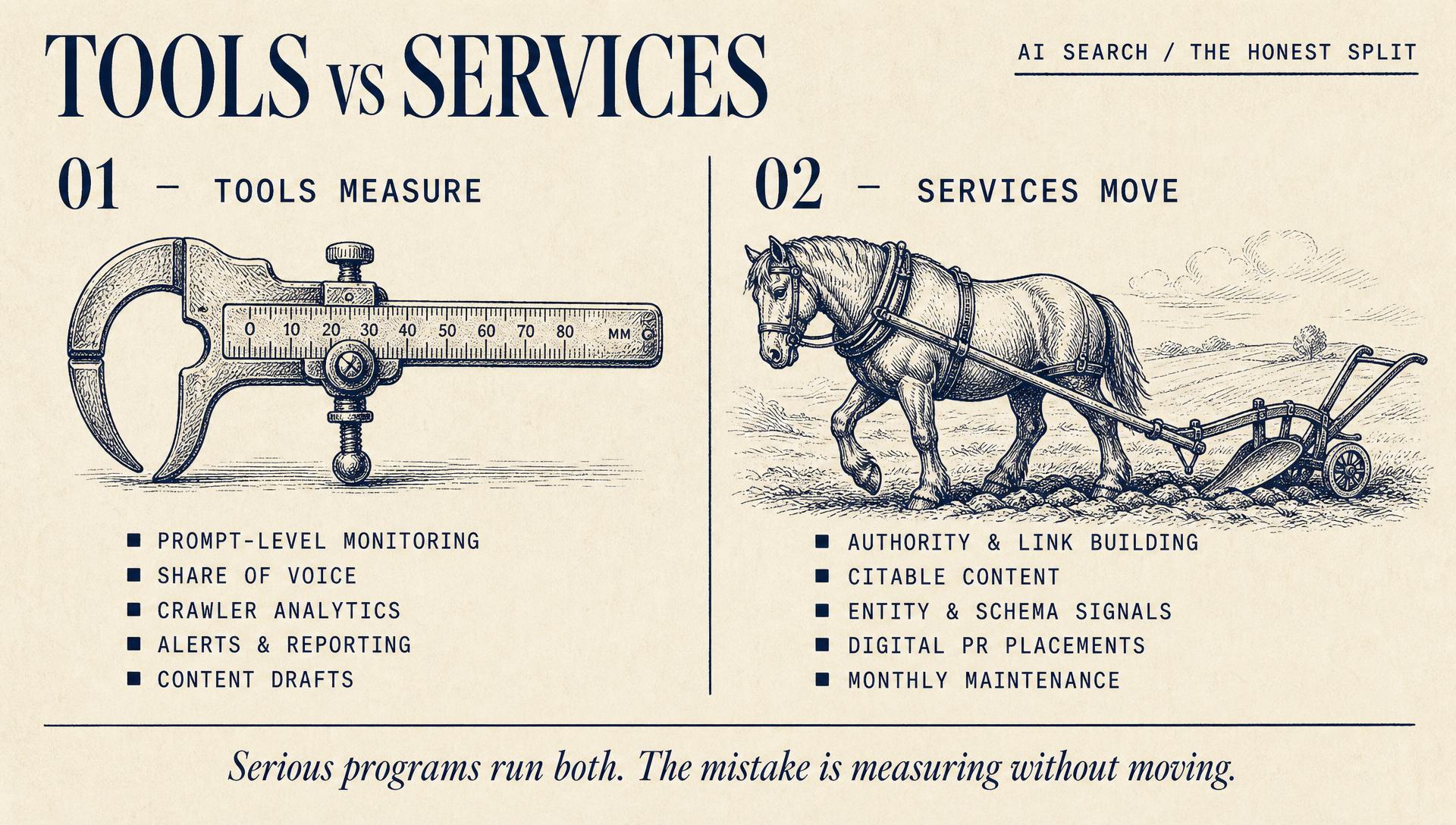 AI visibility tools versus AI search optimization services, side-by-side comparison of what each delivers